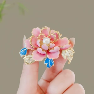 Blossom Fugui Peony Flower Brooch Women Elegant Enamel Hand-painted Pearl Corsage Hanfu Cheongsam Pin Accessories Wholesale