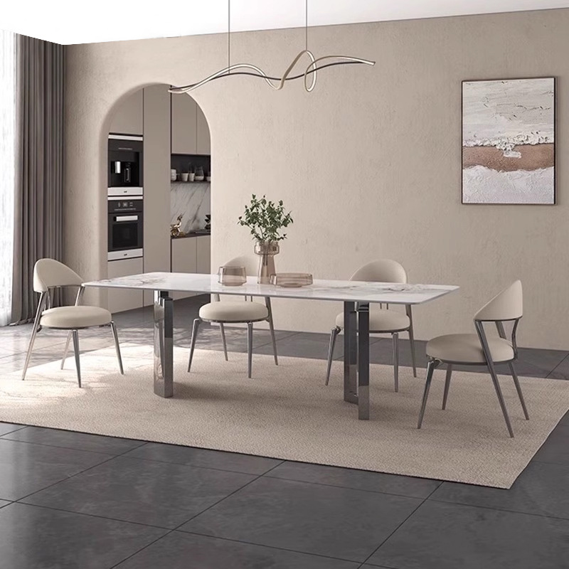 Luz de estilo italiano de lujo minimalista Placa de roca mesa de comedor y silla combinación moderna minimalista hogar pequeño apartamento rectangular mesa de comedor de acero inoxidable