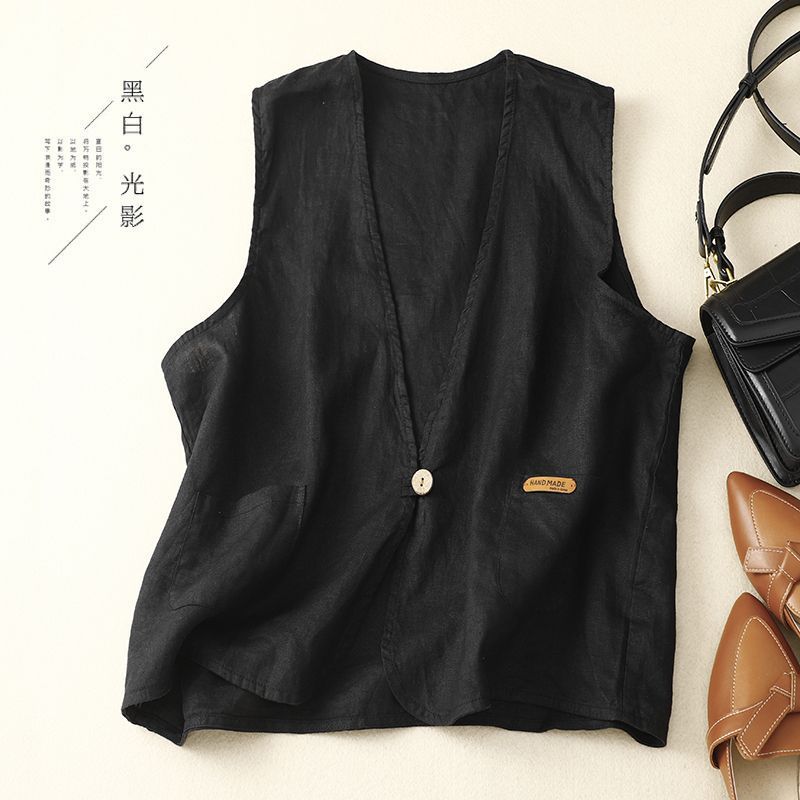 Casual estilo japonés chaleco de lino de verano delgado suelto chaleco de botón de cuello en V simple chaleco protector solar image 1