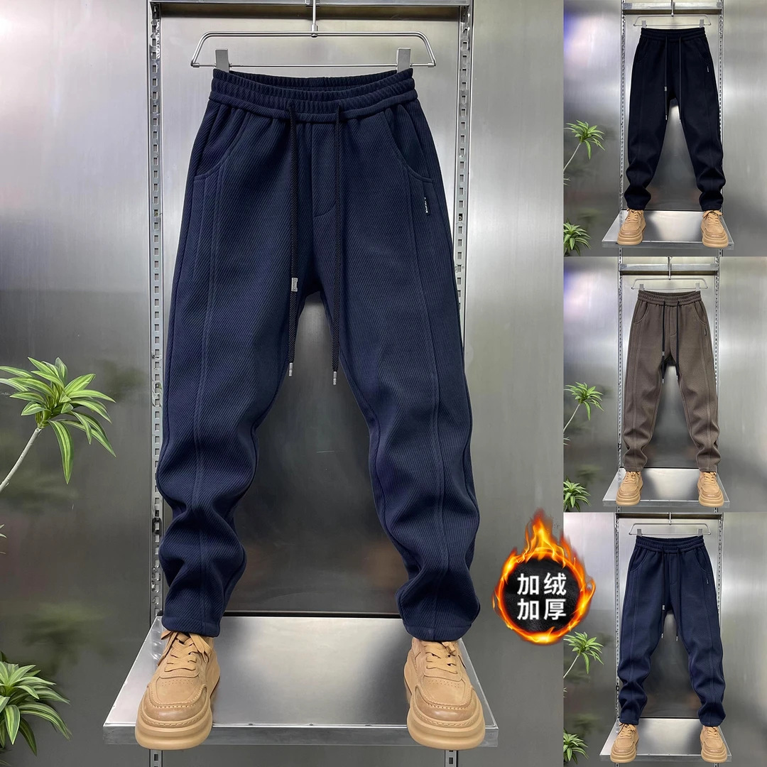 2025 Winter New High-End European Cotton Velvet Twill Thickeneded Fleece-Lined Cold-Proof Windproof Warm Elastic Waist Casual Men's Pants