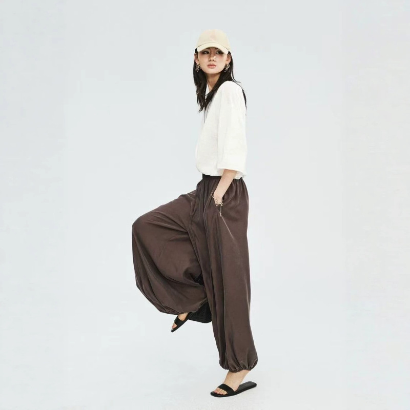 Mrs Studios Relaxed Vacation Style Sand-Washed Cupro Silk Drapey Skin-Friendly Cool Elastic Waist Cuffed Harem Pants Mrs Studios Relaxed Vacation Style Sand-Washed Cupro Silk Drapey Skin-Friendly Cool Elastic Waist Cuffed Harem Pants
