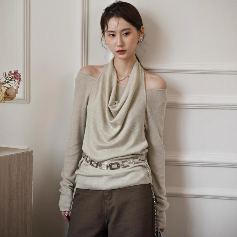 French-Style Lazy Chic Halter Neck Faux Two-Piece Top for Women, Spring Season, High-End Chic Unique Long-Sleeve Knit Sweater Trend