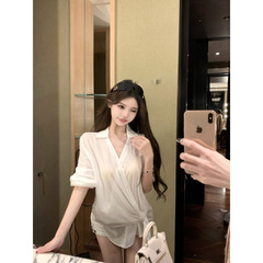 韩版气质辣妹宽松显瘦慵懒风设计感收腰系带长袖防晒衬衫女上衣