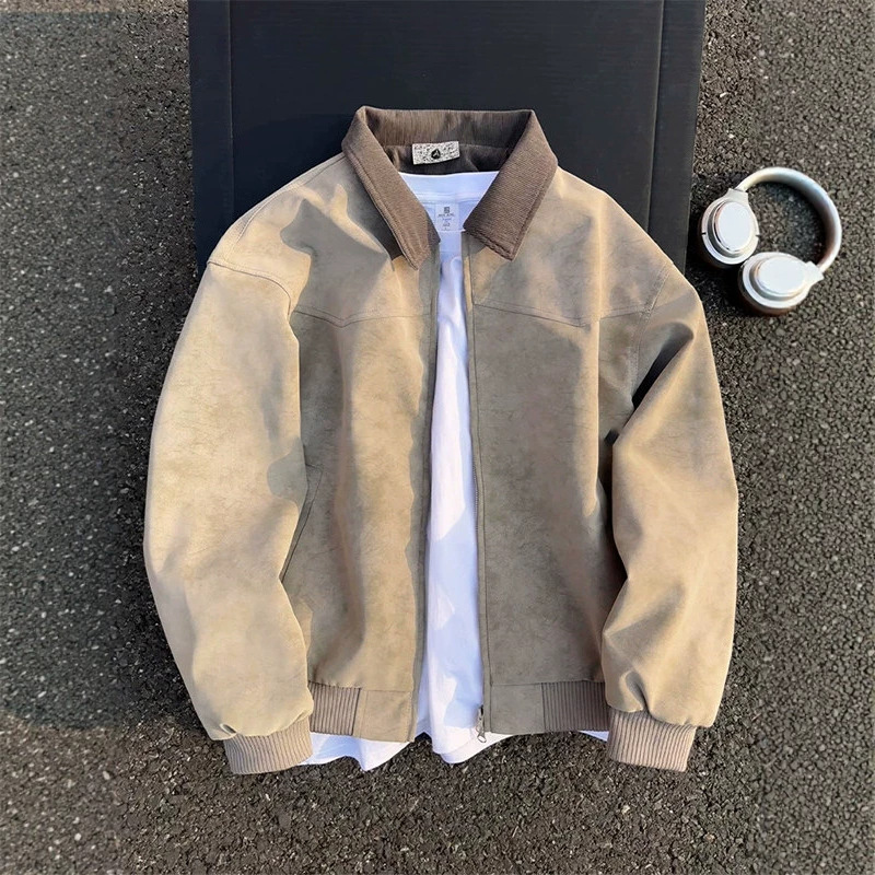 Men's grey tie-dye Detroit jacket, autumn style, short leather jacket with lapel, American high street style, workwear coat.
