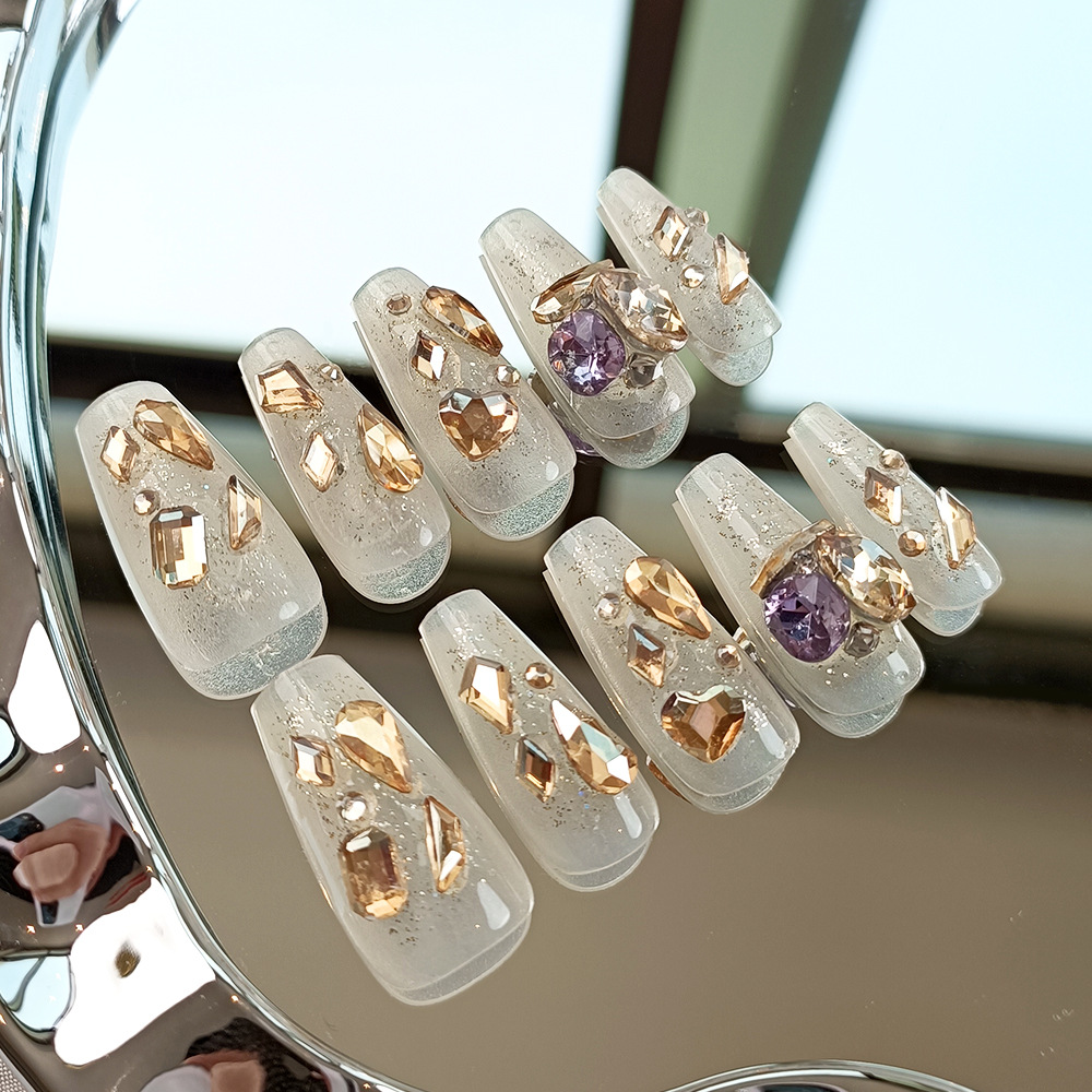 Decodificar 10 piezas de terapia de luz hecha a mano para usar hielo de uñas, amor de brillo, parche de uñas de diamantes de oro de champán