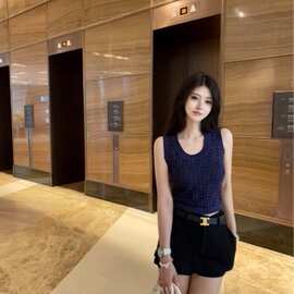 新增色）高级墨蓝色夏季气质浮雕名媛女满印字母短款显瘦背心