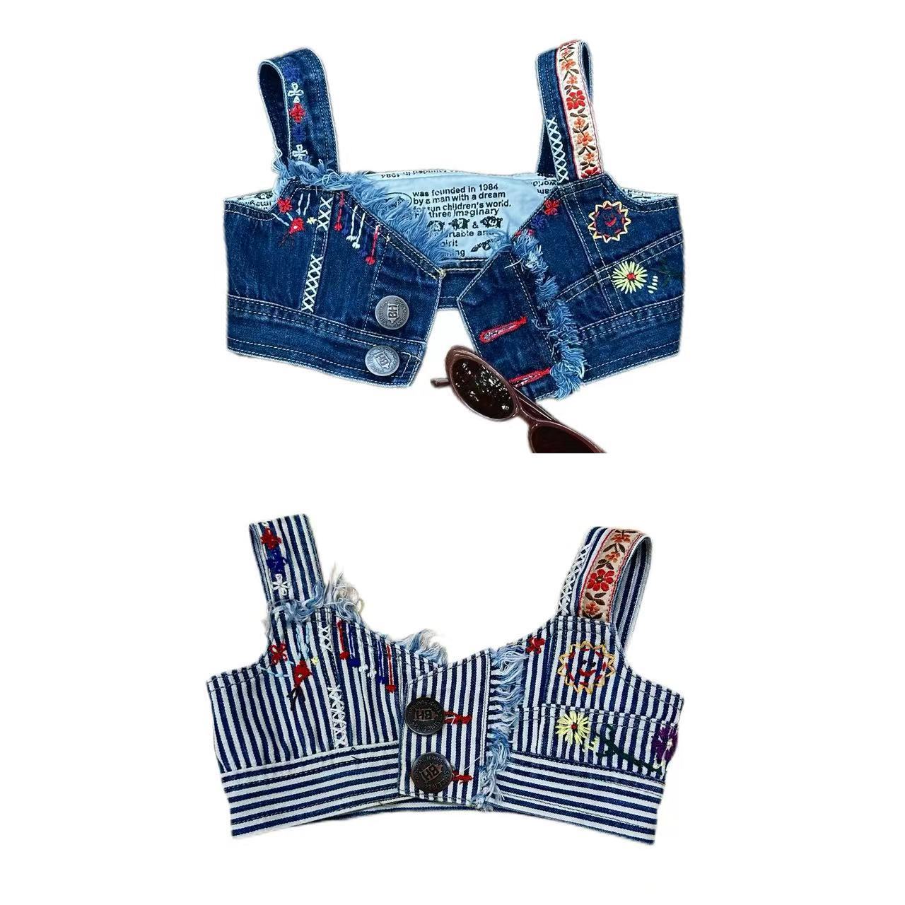 in stock 2024 Children's Middle Ancient Niche Washed Old Handmade Embroidery Heavy Industry Girls' Denim Vest