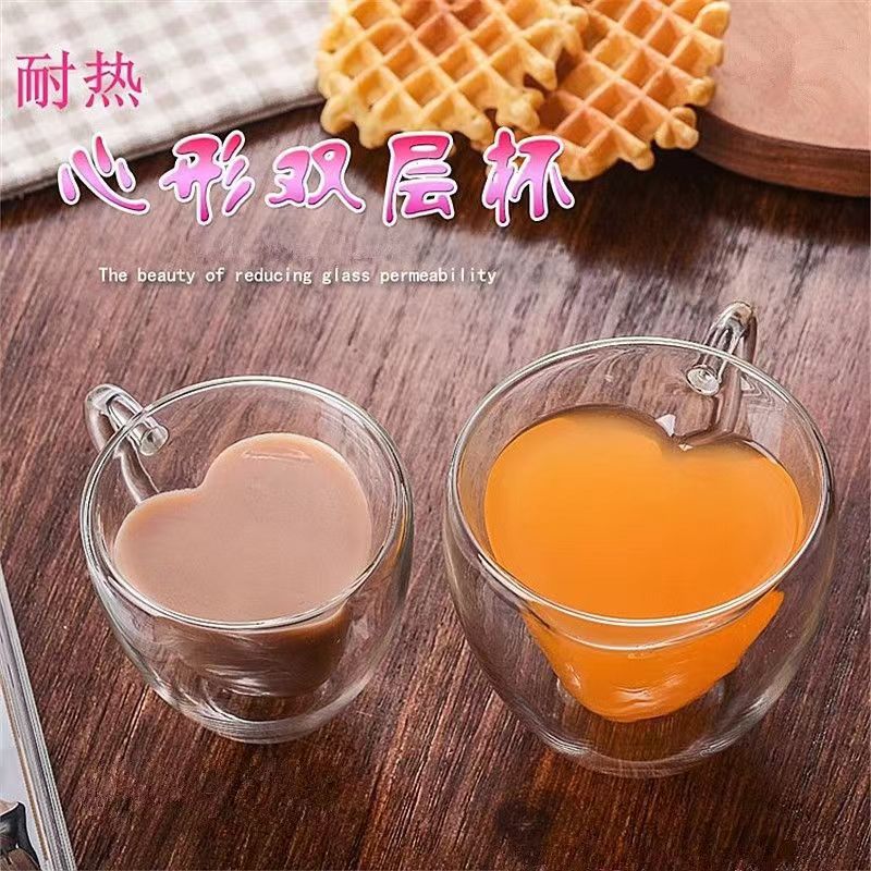 Taza de doble capa en forma de corazón con mango anti-escaldado taza de bebida doméstica taza de agua taza de vidrio regalo amor taza de café
