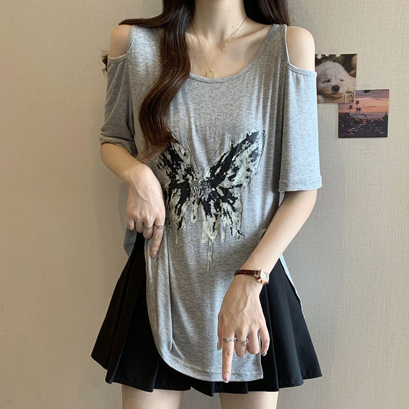Camiseta de manga corta sin tirantes con estampado de mariposa de gran tamaño para mujer 2024 verano nuevo estilo suelto y delgado top de mm para mujer image 4