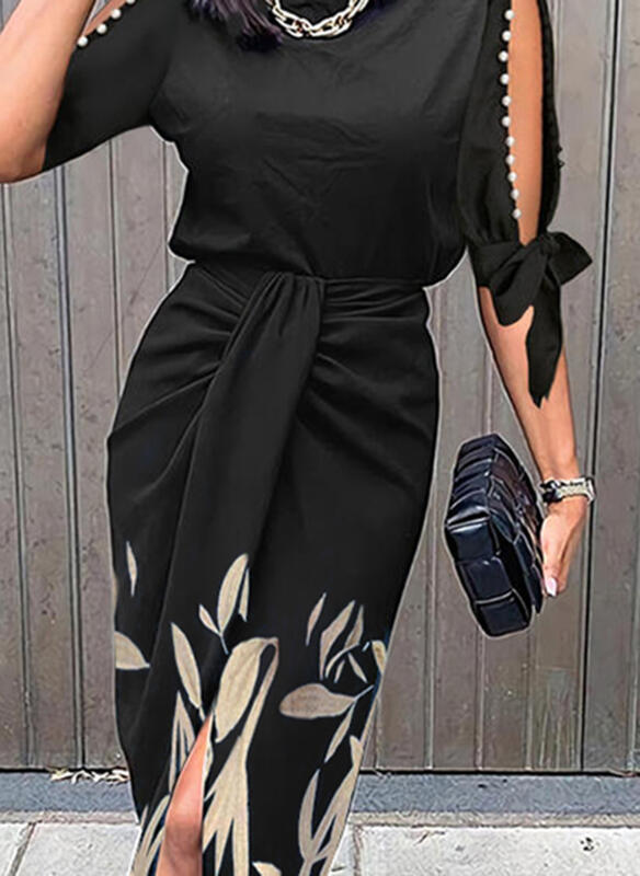 Women's Clothing High Waisted Blue Casual Dress New Mid Length Printed Sleeve Hollow Out Women's Clothing_ecoleips.com