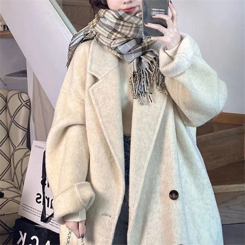燕麦色双面羊绒大衣女2023年韩版中长款双排扣高端羊毛呢大衣外套
