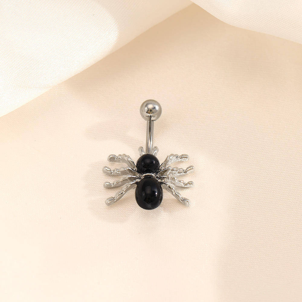 Europeo y americano transfronterizo popular exagerada joyería de punción en forma de araña con incrustaciones de acero inoxidable gema negra ombligo clavo ombligo anillo femenino