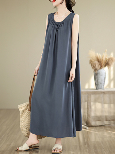 New style seaside vacation style waist waist sleeveless cotton silk dress for women's large size to show slimming and fat mm beach suspender long skirt