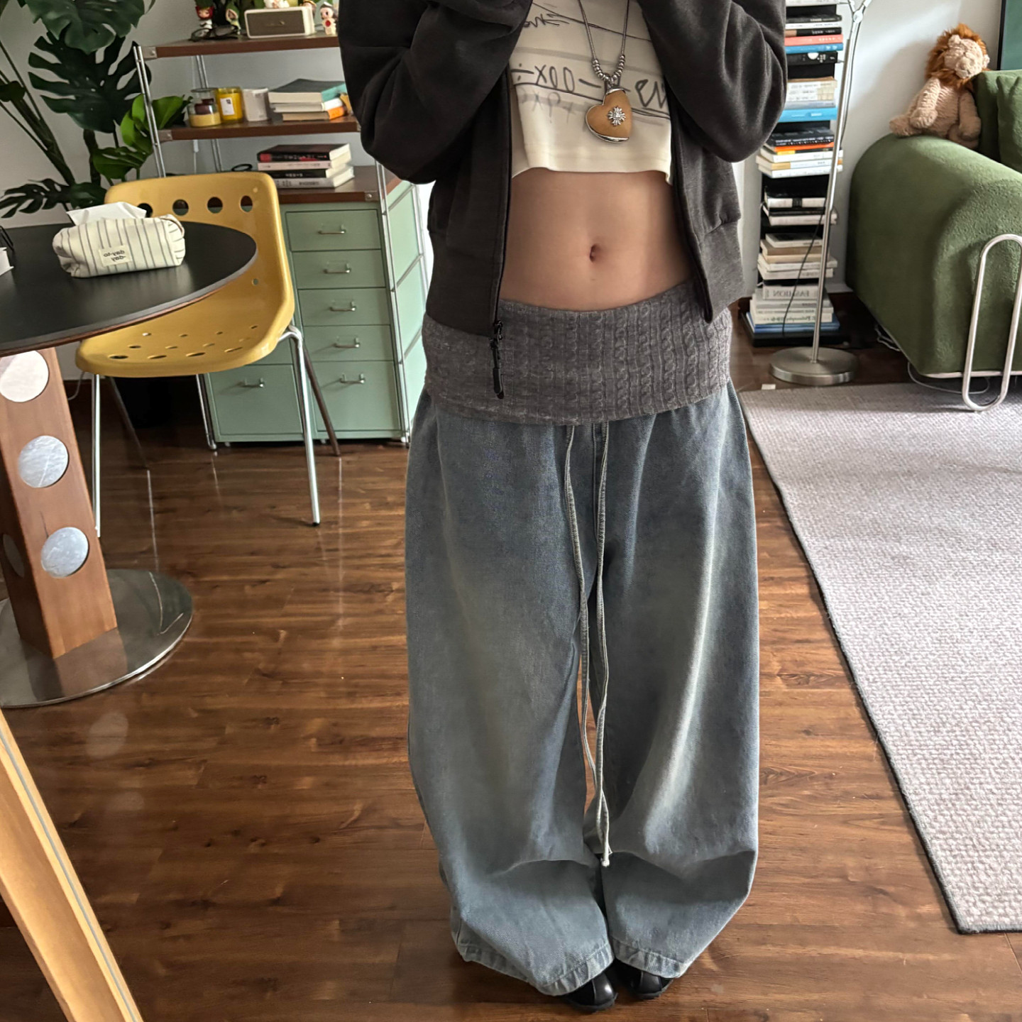 大码美式复古毛线拼接腰头牛仔裤女秋冬设计感宽松阔腿垂感拖地裤