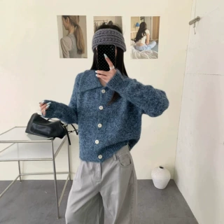 Button‑down knit cardigan 花色polo领针织开衫毛混纺针织外套