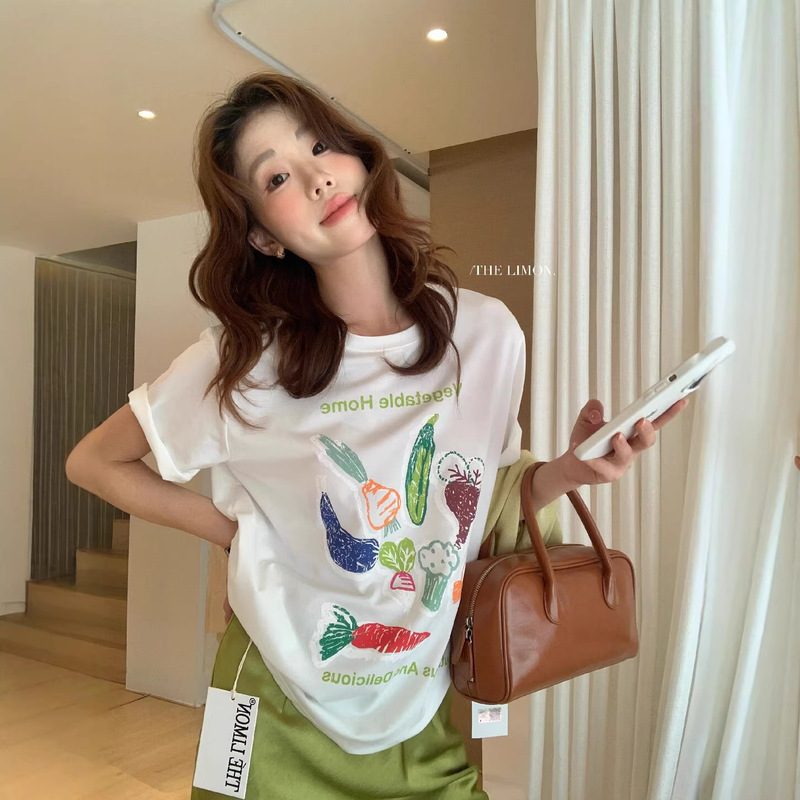 Lemon Green Tea Super Love Beautiful Outfits Oxygen Vegetable T-Shirt Loose Academy Style Regular Shoulder Round Neck Short Sleeve T-Shirt 10335