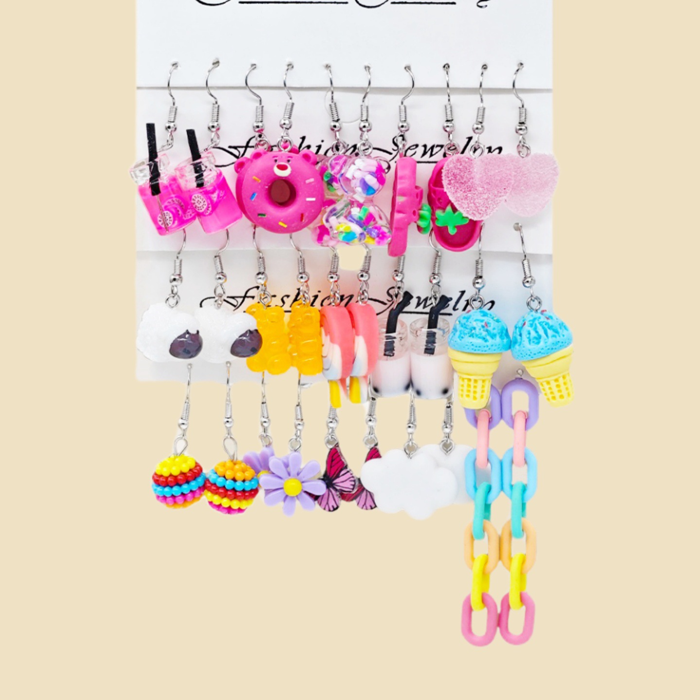 Moda transfronteriza de venta caliente de dibujos animados animales de caballo blanco resina de margarita simulación de alimentos donut auriculares multi-pieza conjunto