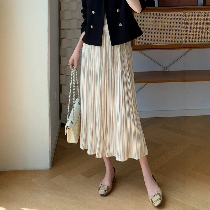 Pleated Mid-Length Skirt Japanese Style Women's Elastic Waist High-End Elegant Pleated Slimming A-Line Skirt Women Pleated Mid-Length Skirt Japanese Style Women's Elastic Waist High-End Elegant Pleated Slimming A-Line Skirt Women