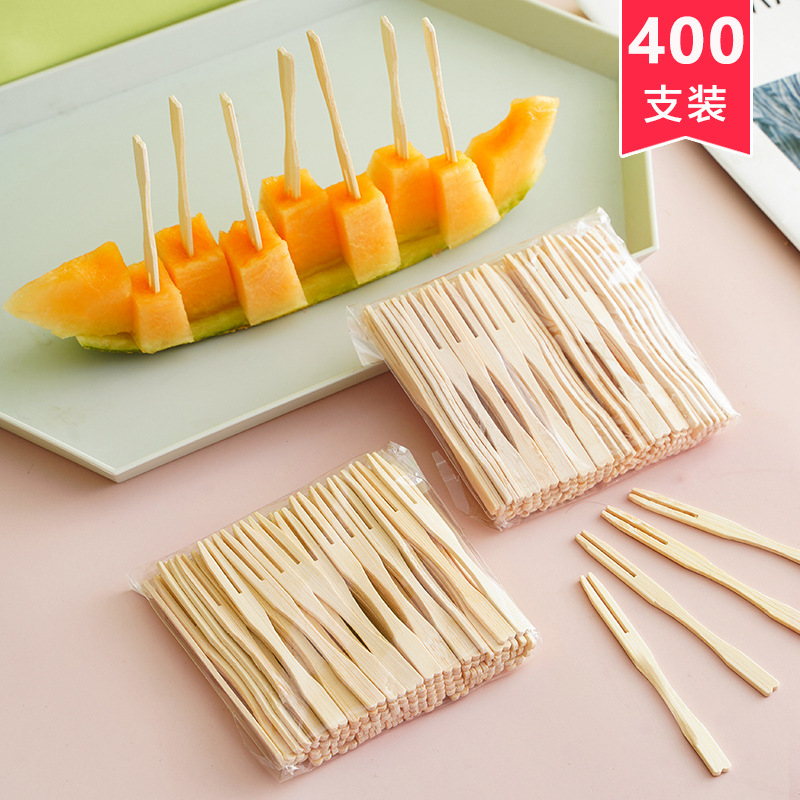 Venta al por mayor desechable de dos dientes Tenedor de fruta pequeño tenedor de madera maciza pastel de fruta postre tenedor vajilla Tenedor de fruta de Bambú