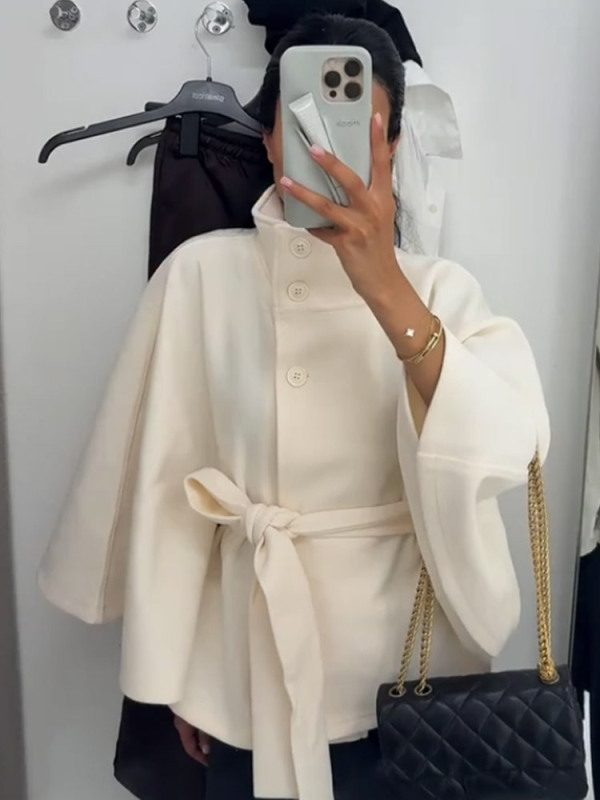设计感立领收腰显瘦系带纯色呢子外套女2025跨境欧美风新款批发|undefined