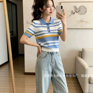 夏季设计感polo领条纹短袖针织衫女法式小众高腰短款别致上衣