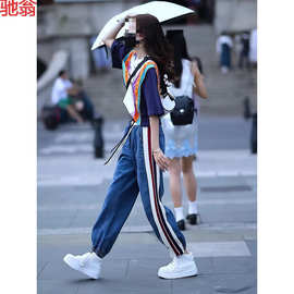 T8Y休闲运动服套装2024夏季新款撞色短袖T恤搭配抽绳束脚裤两件套