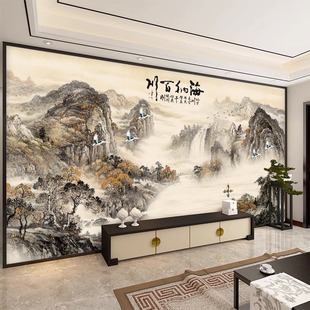 √ New Heat Transfer New Chinese Style Tv Background Wall Mural Customized Landscape Painting Wallpaper Living Room Bedroom Film and Television