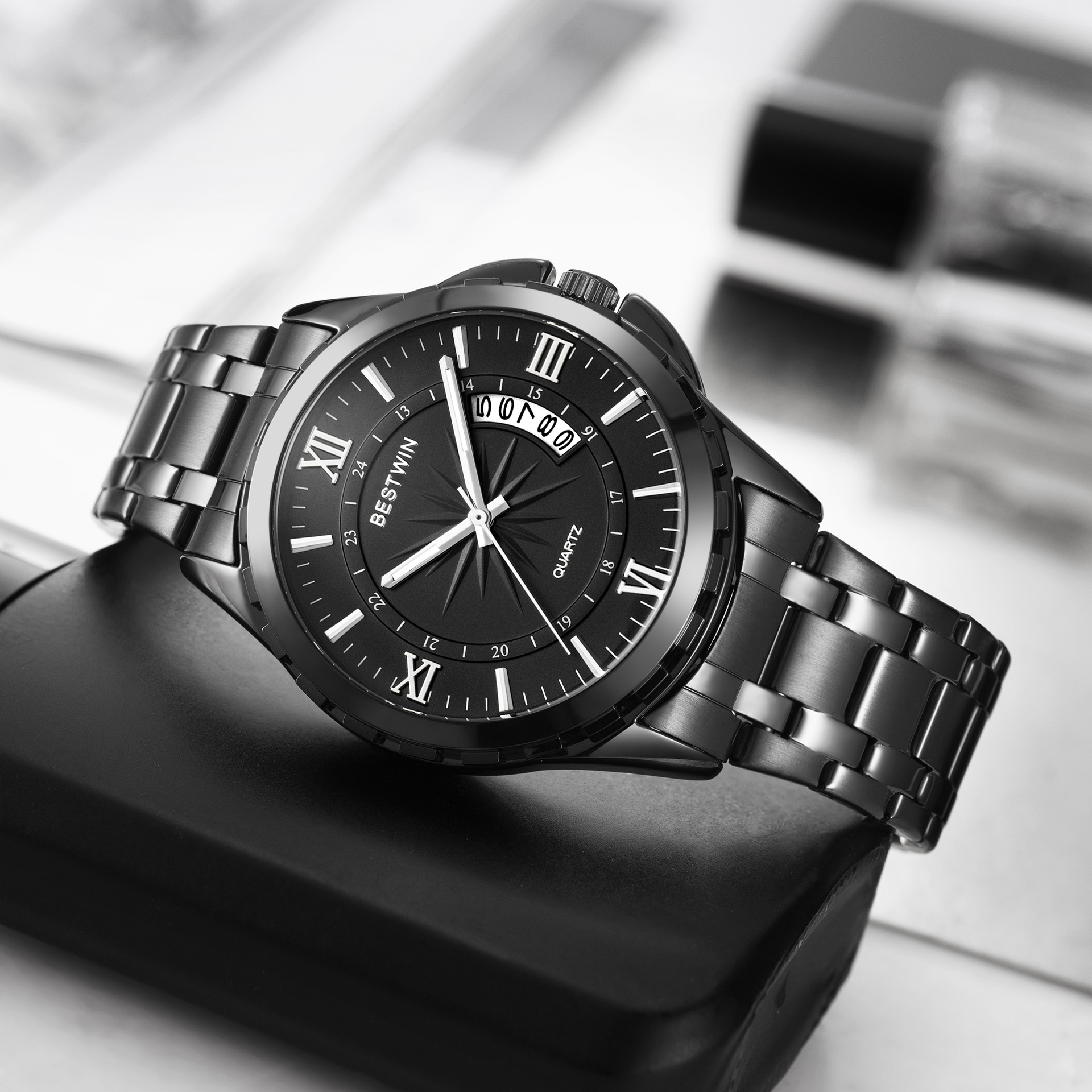 Nuevo calendario de comercio exterior reloj para hombre plato giratorio atmosférico Golden Boss BESTWIN reloj de cuarzo impermeable transfronterizo 129