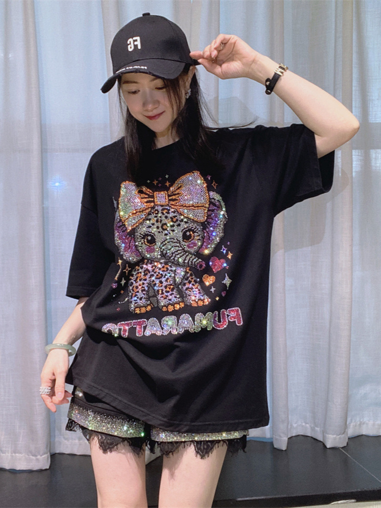 Camiseta de manga corta con diamantes para mujer europea y americana moda de verano suelta versión grande marca de moda de longitud media tops de algodón de diamantes calientes para mujer