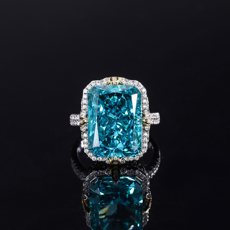 Zhuang Sheng joyería S925 todo el cuerpo de plata color tesoro alto carbono diamante largo cuadrado lujo con incrustaciones anillo cerrado principal piedra 12*16