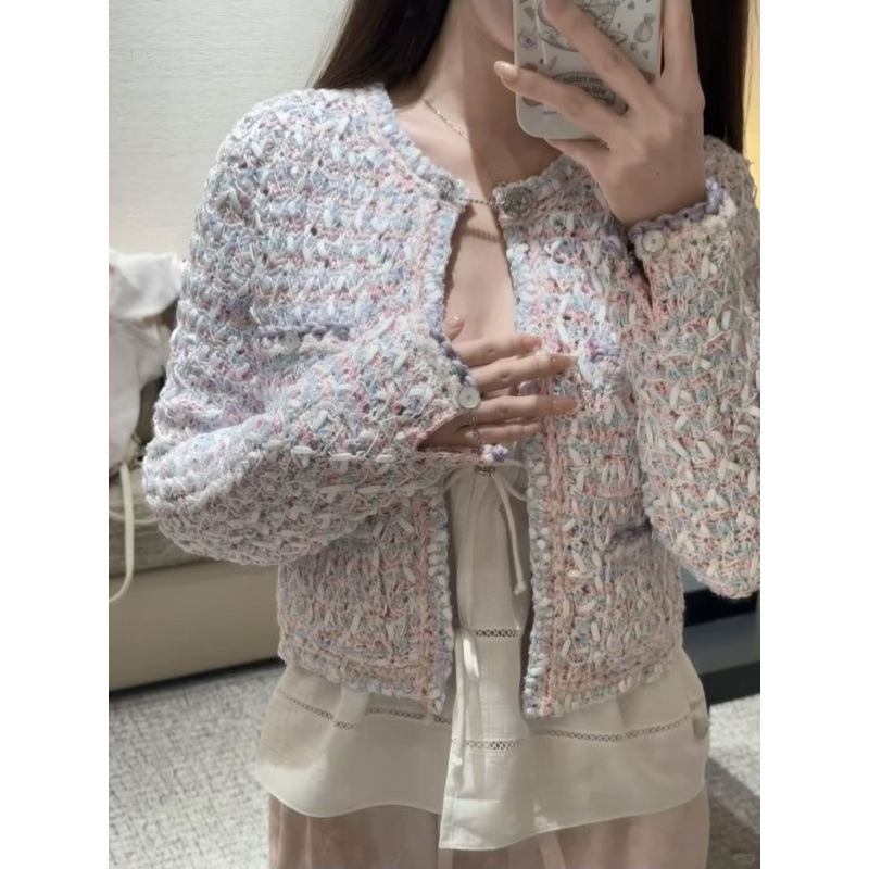 Haute Couture 2025P 早春新作 スモールフレグランス スリムフィット ニット カラフル ウーブン ショート ジャケット トップス|undefined
