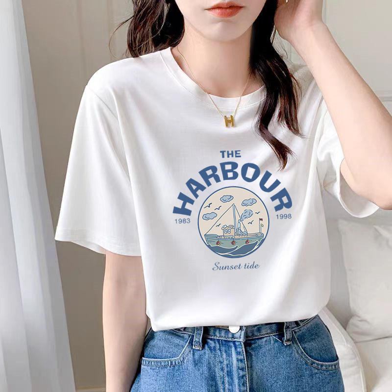 American Style Retro Pure Cotton Short-sleeved T-shirt Women's Summer New Loose Niche Design Sense Personalized Printed Half-sleeved T-shirt