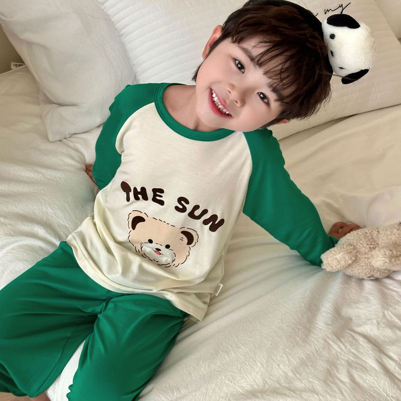 子供用モーダルホーム服セット、男の子と女の子用、夏用薄手パジャマ、中型および大型子供用韓国風長袖空調服|undefined