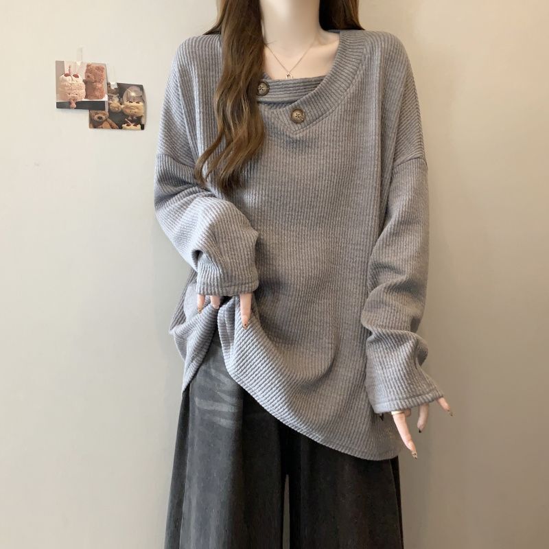 大码螺纹杆坑条V领长袖上衣女2025秋季新款宽松显瘦时尚打底衫女|undefined