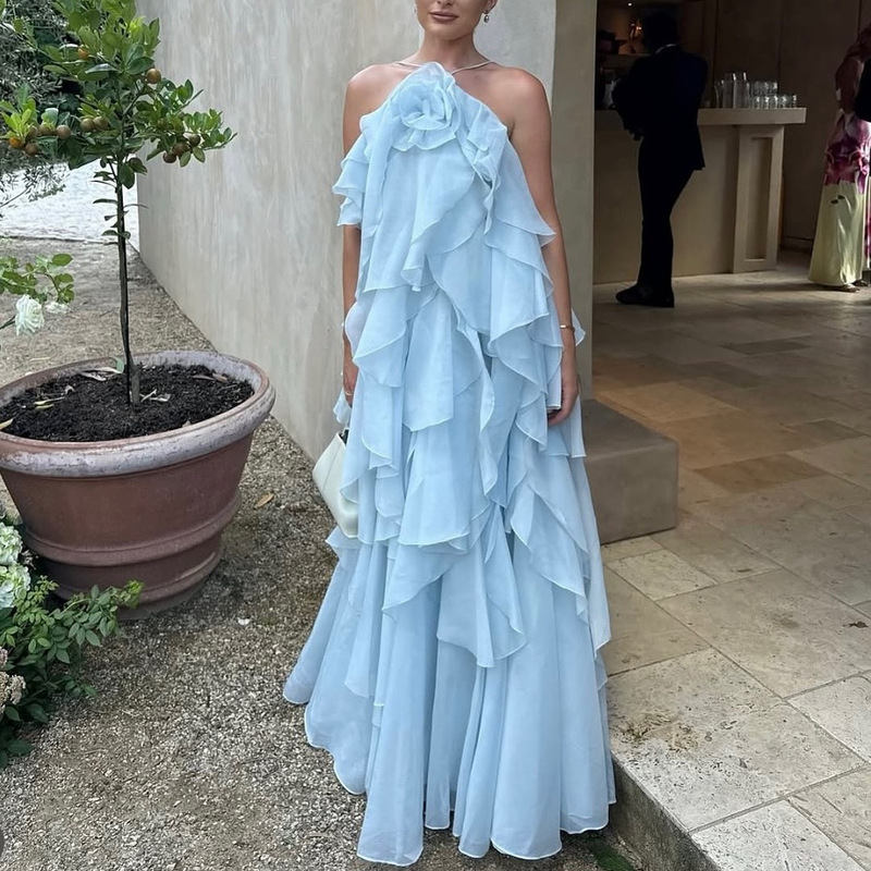 European and American Cross-Border 2026 Summer Short Style Three-Dimensional Floral Strapless Long Dress Vacation Maxi Dress for Women European and American Cross-Border 2026 Summer Short Style Three-Dimensional Floral Strapless Long Dress Vacation Maxi Dress for Women