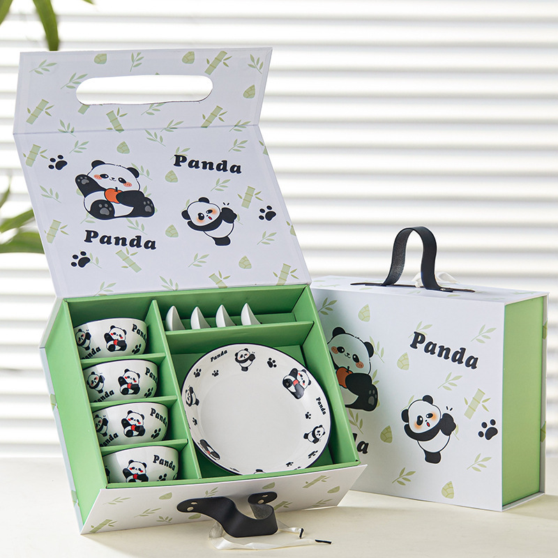Logo Panda Rice Bowl Ceramic Bowl and Chopsticks Plate Gift Set Tableware Set Full Set Customized Cute Tableware