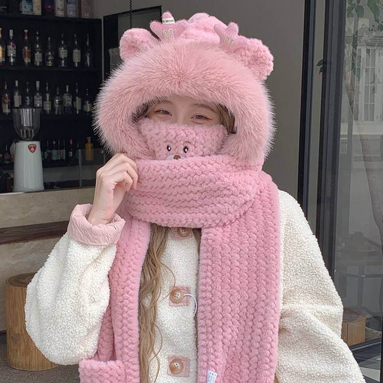 (2개) 모자 여성의 가을과 겨울 귀여운 드래곤 뿔 푹신한 모자 두꺼운 따뜻한 스카프 원피스 후드 스카프 장갑 3 피스 세트