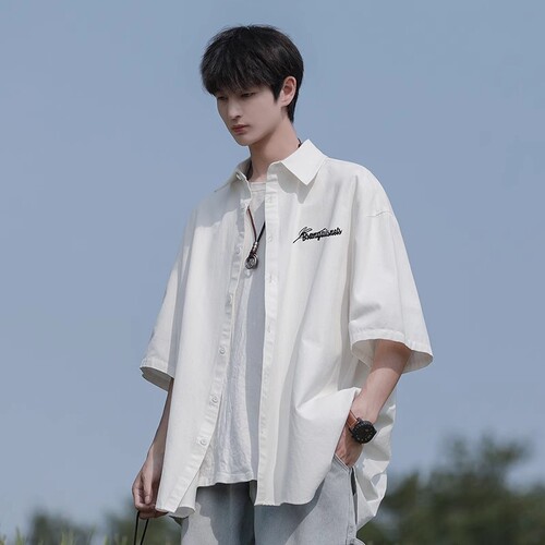 Men's Loose Fit Casual Short Sleeve Letter Print Streetwear Shirt - Summer New Trendy Hong Style