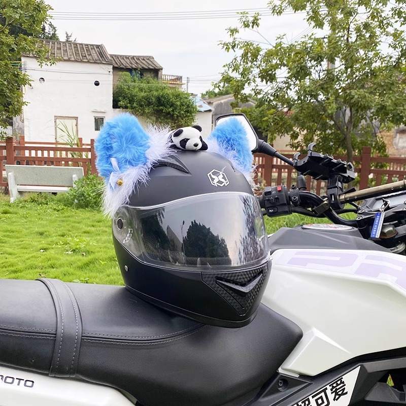 Blue Faux Rabbit Fur Cat Ear Helmet Decoration Motorcycle Detachable