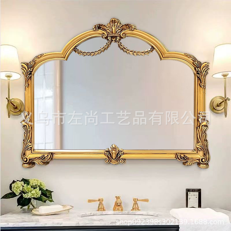 French Retro Bathroom Mirror, Bathroom Carved Mirror, Bathroom Vanity Mirror, American Living Room Entrance Decorative Mirror