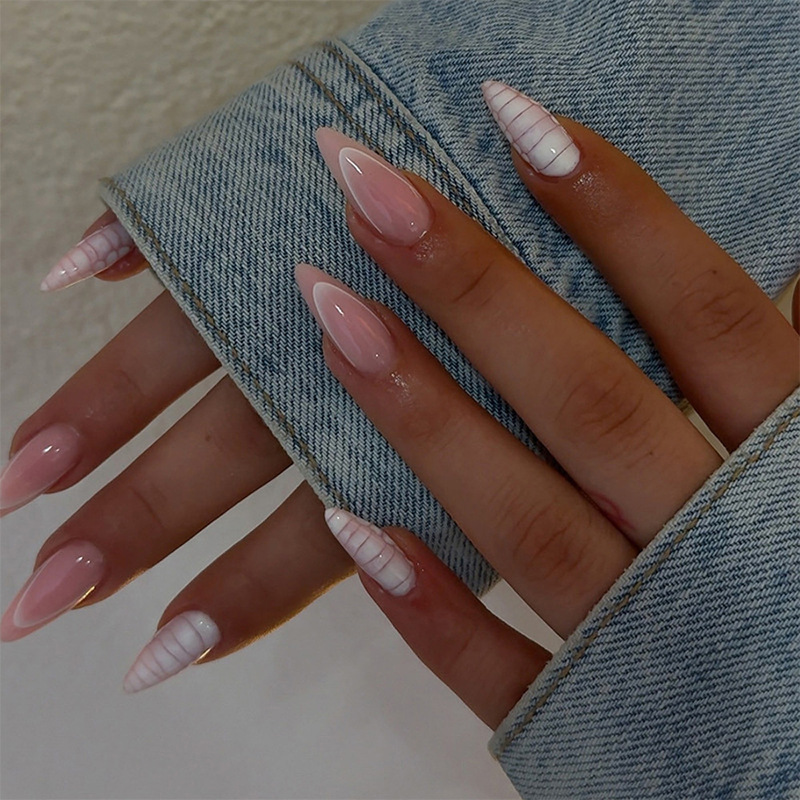 Cross-Border Best-Selling Almond Manicure Long Nails Simple and Elegant Fashionable French Wearable Nails 24 Pieces Finished Nail Patches Cross-Border Best-Selling Almond Manicure Long Nails Simple and Elegant Fashionable French Wearable Nails 24 Pieces Finished Nail Patches