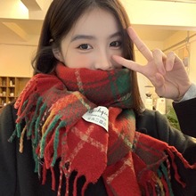 红色格子围巾女冬季韩版2023新款百搭加厚保暖围脖学生圣诞款礼物