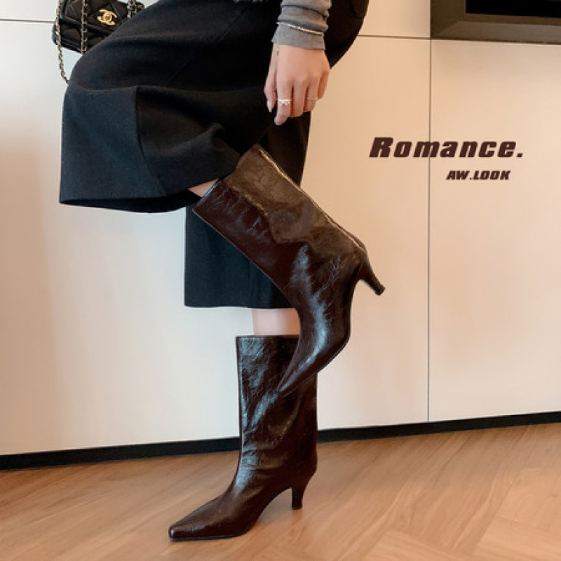 Casual leather pointed-toe kitten-heel mid-calf boots, new autumn and winter black slip-on stiletto ankle boots, fashion boots for women Casual leather pointed-toe kitten-heel mid-calf boots, new autumn and winter black slip-on stiletto ankle boots, fashion boots for women