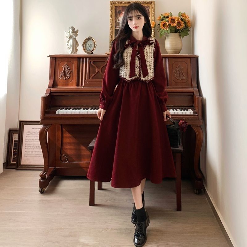 小香风马甲红色连衣裙两件套女秋冬大码法式复古灯芯绒打底长裙子|undefined