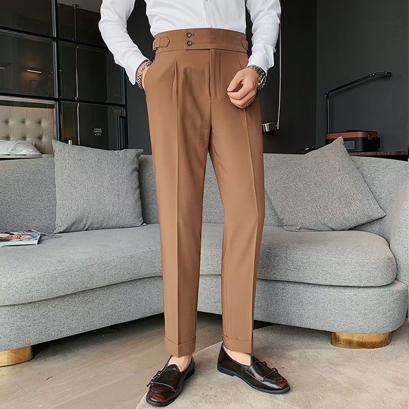 Nápoles traje pantalones de los hombres de estilo coreano slim fit pantalones ajustados otoño retro de cintura alta de negocios de color sólido pantalones casuales rectos