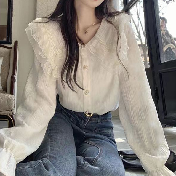 Women's Shirt 2026 Spring and Autumn Design Lace Doll Collar Long-Sleeve Fashionable Chic Stylish Beautiful Top