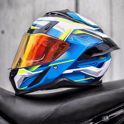 Motosiklet kaskı (dəbilqə) — riding, full-face motorcycle helmet - blue-speed-electronic-red-coating-free-clear-lens-m55-56cm