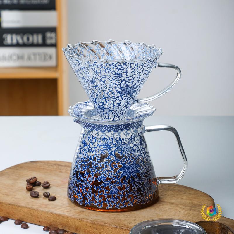 ✅ 2024 New Product Yuan Blue and White Floral Paper Glass Coffee Pot Hand Brew Pot Set Drip-Type V60 Coffee Dripper