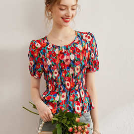 优雅碎花衬衣25夏季圆领印花打揽修身泡泡短袖女式衬