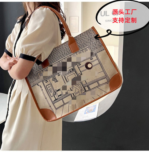 Starbucks linen shoulder bag for women cross-border fashion comic style handbag foreign trade large capacity armpit bag